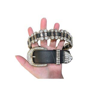 Black Leather Belt With Rhinestone Buckle & Embellishments For Women S/M Genuine